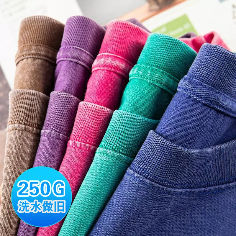 跨境250克潮牌复古水洗做旧T恤纯棉圆领宽松潮牌欧码oversize t恤