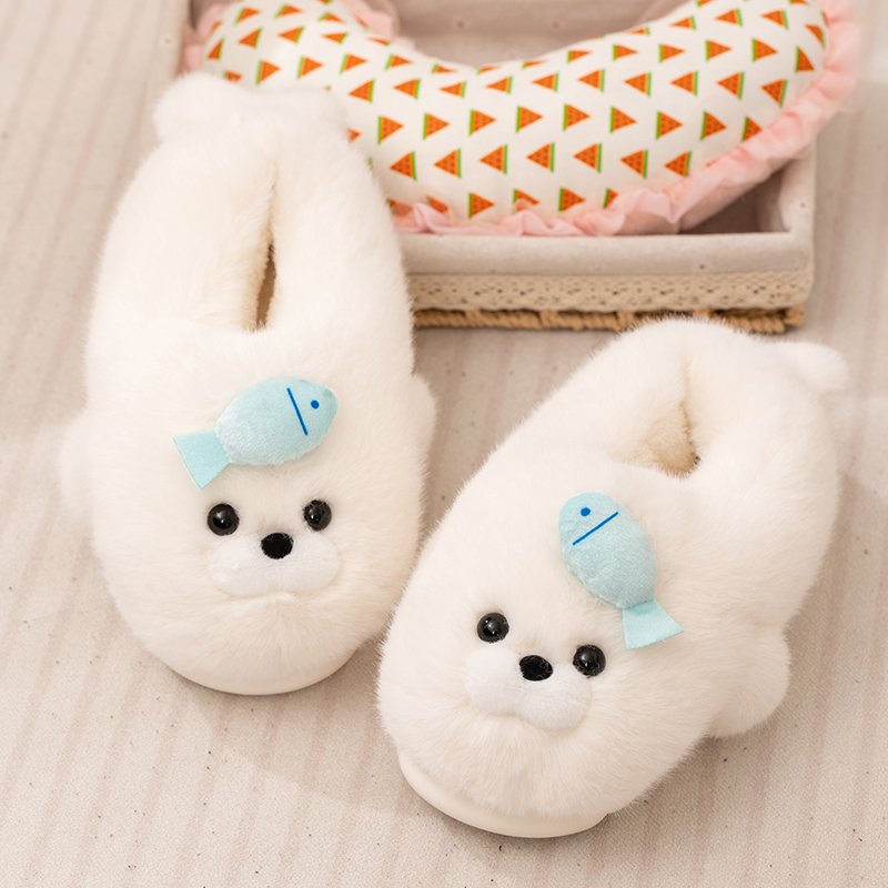 Cross-border lindas zapatillas de algodón de foca de invierno para mujeres bolsas de tacones para parejas zapatos cálidos de peluche para niños