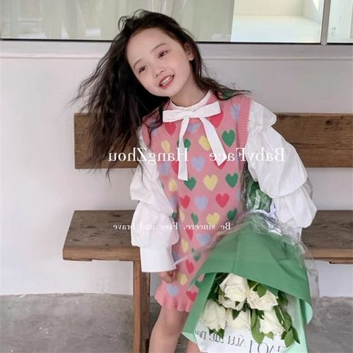 Girls' Set 2024 Spring New Arrival Korean Style Children's Bubble Sleeve Butterfly Knot Shirt Love Knit Princess Dress