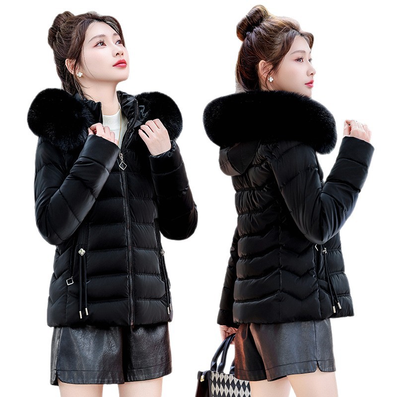 2025 ropa de algodón corta de mujer coreana gran cuello de cabello delgado gorra desmontable cálida y chaqueta de algodón de lana