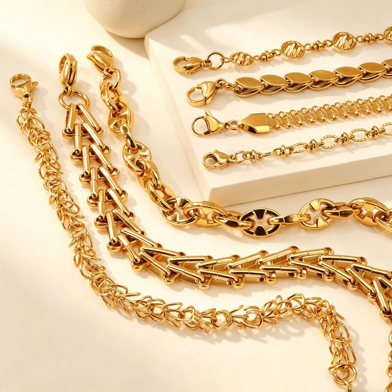 Cross-Border Popular Stainless Steel Bracelet Ins European and American Style Metallic Thick Chain 18K Gold-Plated Bracelet Jewelry Factory Direct Sale