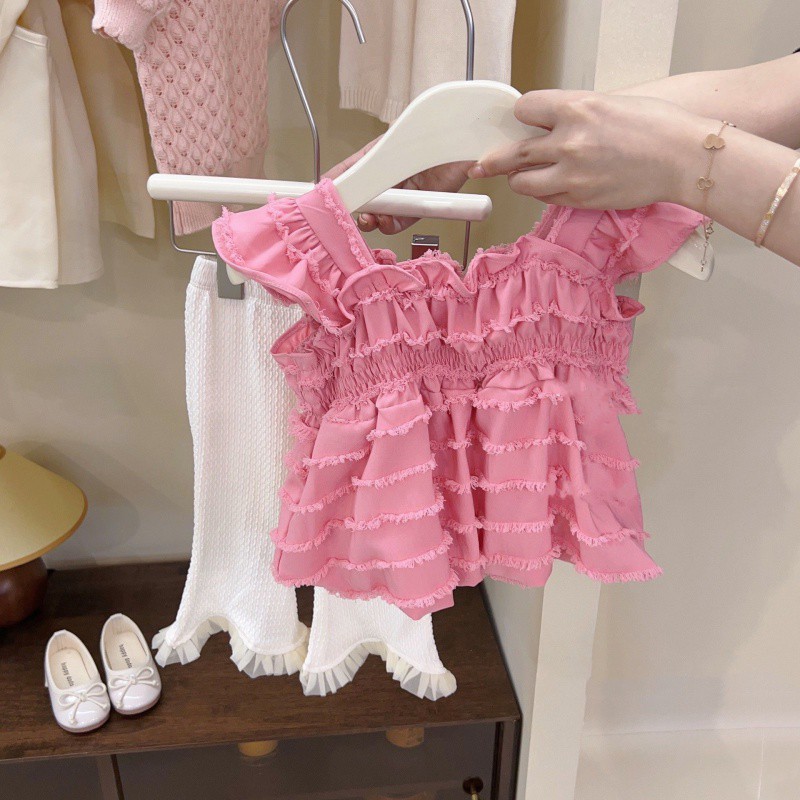 韩系童装女童吊带背心夏款洋气宝宝时髦木耳边粉色上衣甜美套装潮
