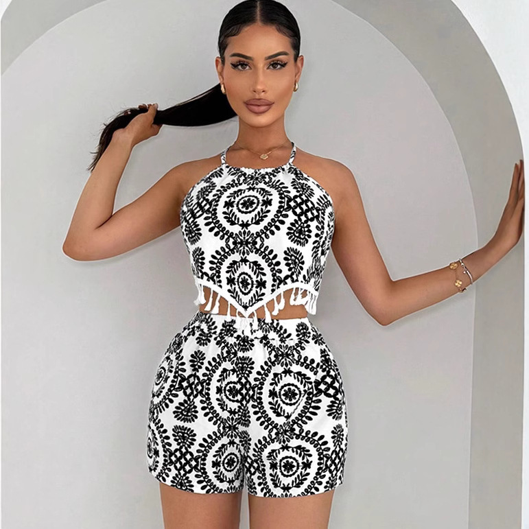 2025 Cross-border Foreign Trade European and American Women's Summer Vacation Full-body Printed Tassel Top Hanging Neck Shorts suit