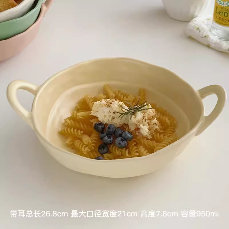 高級感のある両耳ボウル、家庭用ヨーグルトサラダフルーツボウル、陶器食器、皿、スープボウル、カタツムリヌードル、インスタントラーメンボウル|undefined