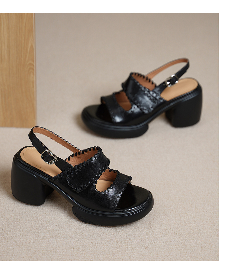 Sandal cao gót nữ hở mũi da bò gót vuông 8 cm đế dày — đen chi tiết 13