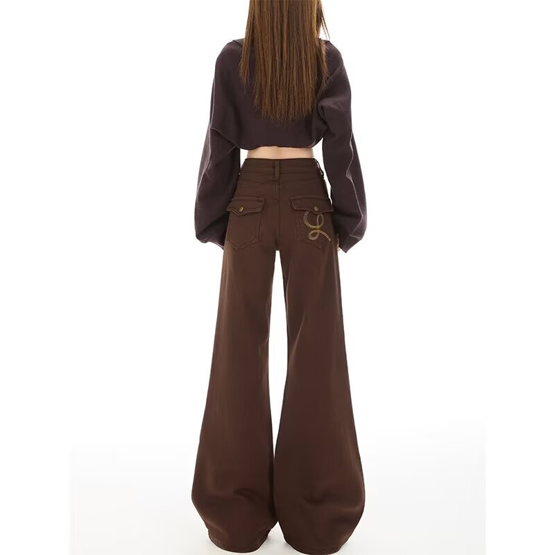 American-style Maillard brown flared jeans for women, new spring and autumn high-waisted, slimming, versatile, floor-length bell-bottom pants