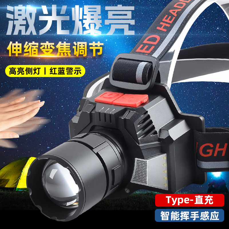 Nuevo estilo transfronterizo de batería de litio de larga duración, luz de emergencia con zoom, luz de pesca nocturna montada en la cabeza de inducción, luz de luz fuerte para exteriores recargable