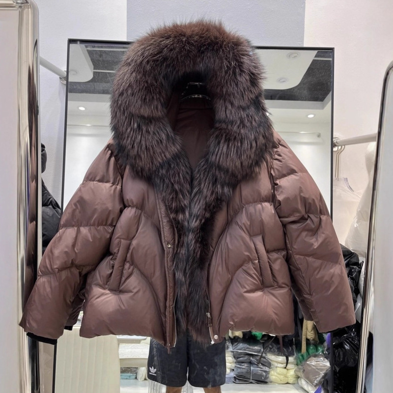 欧货2025冬新款狐狸大毛领连帽羽绒服女短款时尚宽松加厚保暖外套|undefined