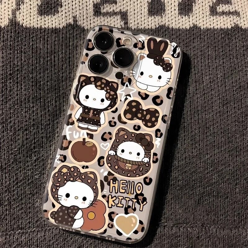 Leopard Print Hello Kitty Phone Case Suitable for Apple 17Air, iPhone 16Pro Soft Case, 15 Niche Design, 14 Stylish Design