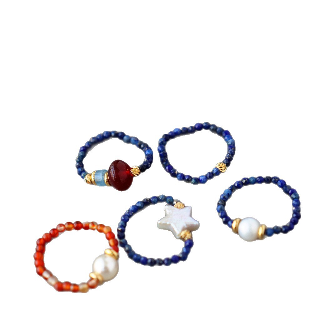 Natürlicher Lapislazuli Ring Mit Sternperle Retro Damen Stil_voghion.com