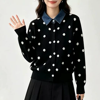 欧美风波点针织毛衣女2026秋冬新款牛仔领长袖套头衫法式宽松上衣