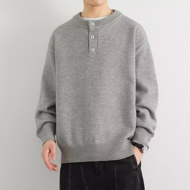 American Retro Henley Collar Knitwear Men's Autumn and Winter Cleanfit High-End Pure Color Lazy Style Bottoming Knitwear