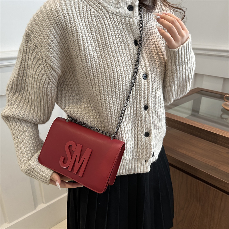 Bolso de mujer de moda versátil, bolso cuadrado de textura, bolso de hombro casual, bolso de cinturón amplio, bolso de letras de mujer