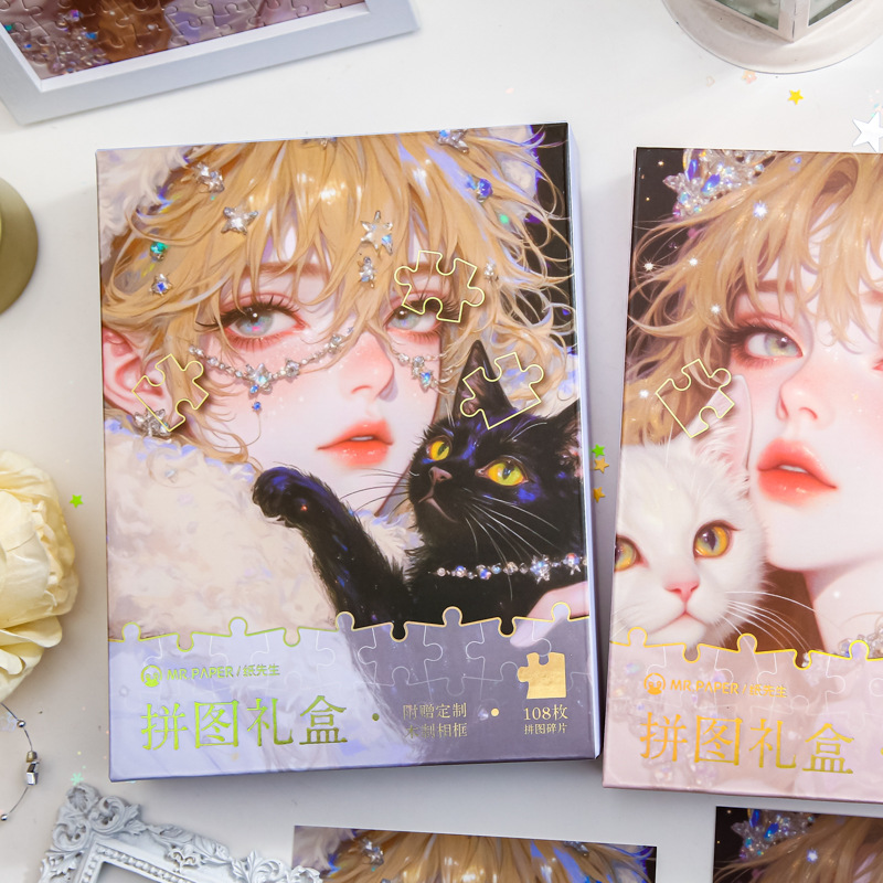 Mr. Paper Puzzle Caja de regalo Chica y gato Personajes de alto valor Estudiante romántico Diy Decoración de escritorio Adornos