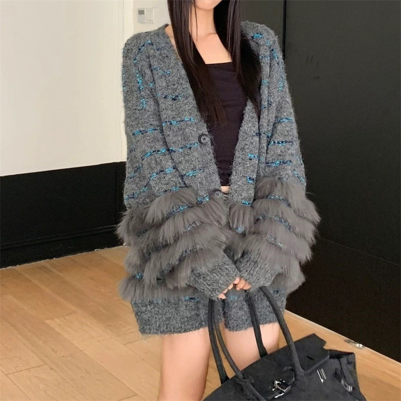 秋冬新款长毛仿貂绒条纹韩系中长款宽松毛衣女休闲慵懒风针织开衫|undefined