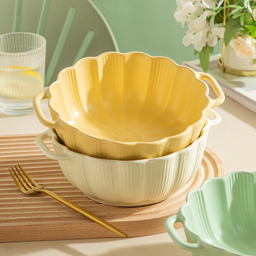Modern simple cream solid color matte ceramic double-ear bowl household pumpkin embossed ramen bowl creative anti-scalding soup bowl