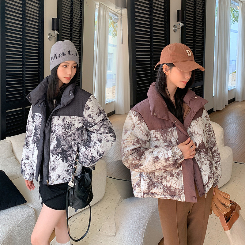 韩系印花立领外套女冬新款小个子加厚面包服棉衣棉服短款小众棉袄