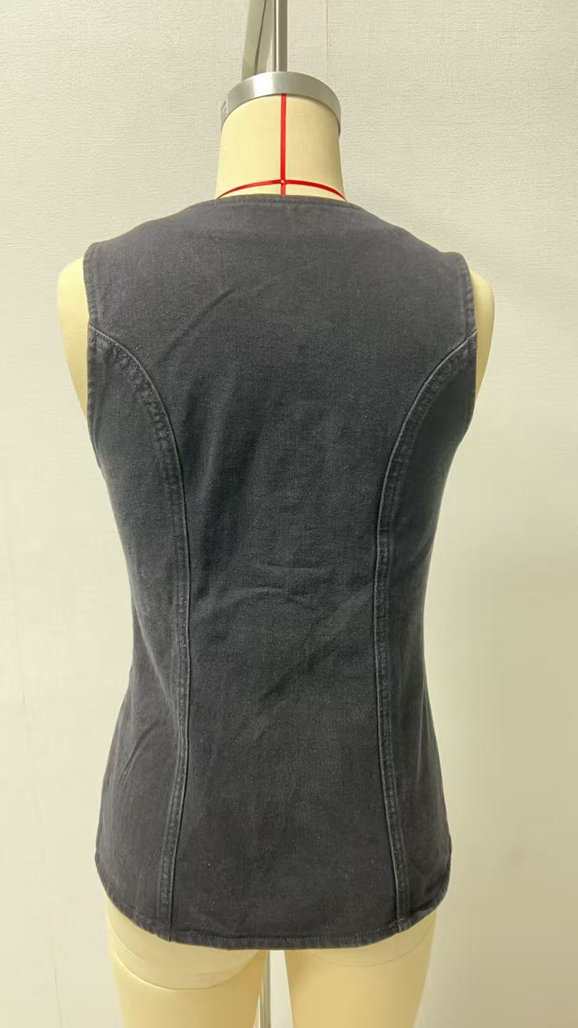 262g Weight Sleeveless Sleeve Length Single Breasted Placket Type Polyester, Denim Fabric Type Regular Top Length Vest Tops Type Holiday, Travel, Daily Occasion Round Neck Neckline Slim Fit Type Solid Color Pattern Summer Season Women's Gender Streetwear Style Wholesale Women's Streetwear Solid Color Sleeveless Tank Tops 9