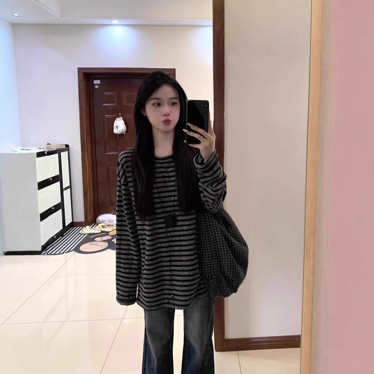 Corea relajado relajado negro gris rayas camiseta de manga larga para mujeres principios de otoño 2026 nuevo suelto vintage chaqueta en image 5