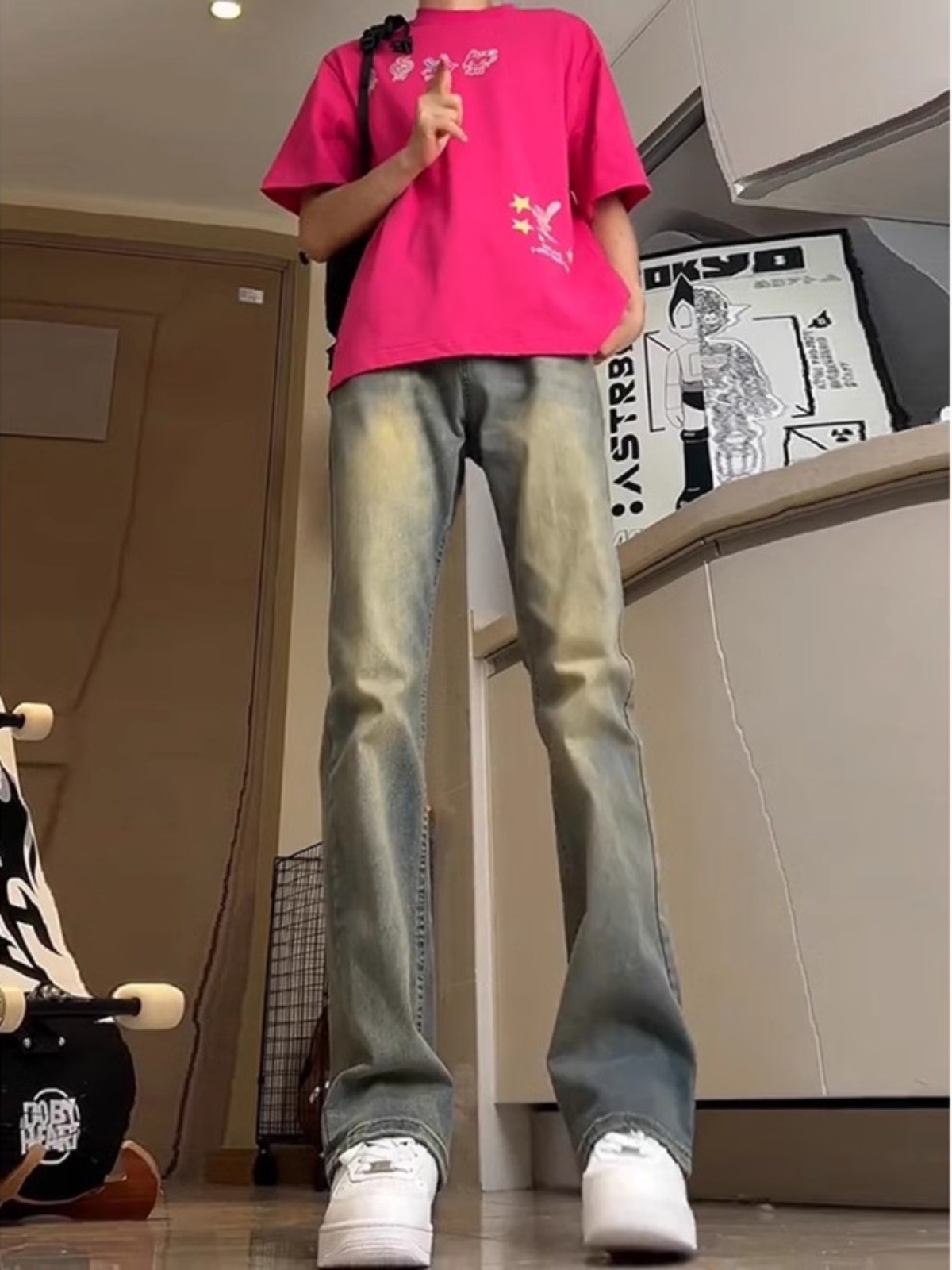 Lavados con agua hechos viejos jeans de estilo americano de alta calle vibe viento hombre vintage slimming rectas pantalones largos