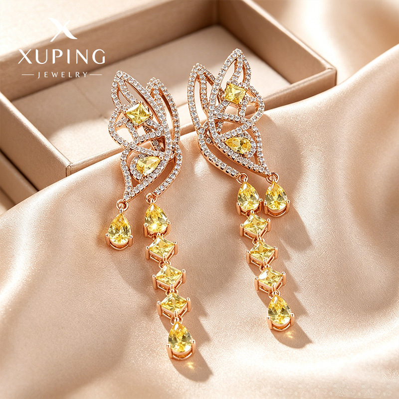 Pendientes Largos Xuping Jewelry, Serie de Piedras Preciosas Coloridas, Pendientes de Mariposa con Gemas Artificiales Coloridas, Estilo Lujoso y Exclusivo para Mujer