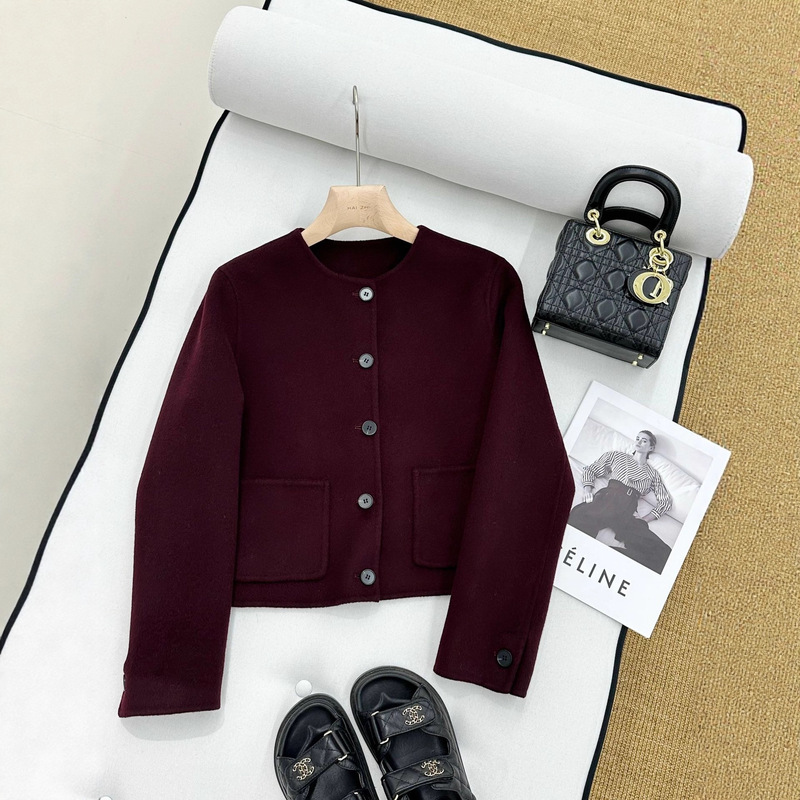 He4900+! 100 Sheep Wool ~ Burgundy Burgundy Wool Double-Sided Woolen Round Neck Jacket Short Outwear for Women 25 Autumn