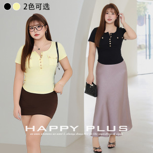 Sweet Cool Three-dimensional Pocket Half-open Neck Slim-fit Short-sleeved T-shirt Runhe 9145 plus size Hot Girls Slim-fit Short-sleeved T-shirt Top
