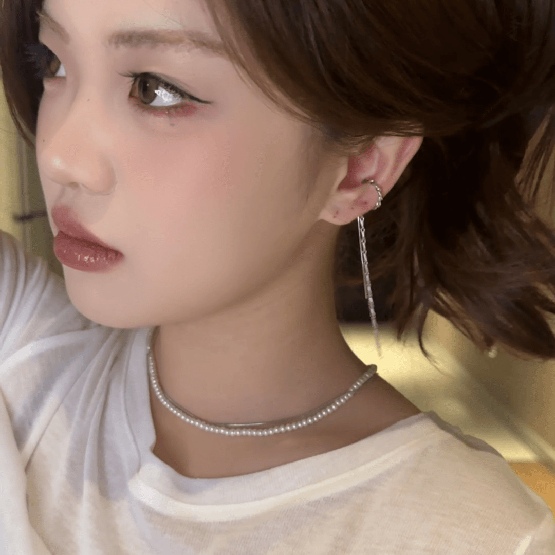 Double tassel chain ear hook-a2173 silver