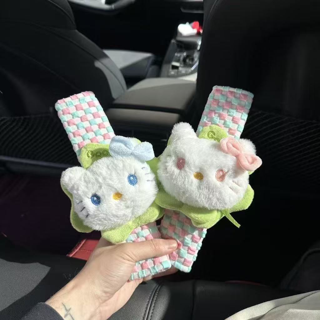 Soft Fleece Anti-Strangle Device |   Pink and Blue Checkered Kitty Cat Seatbelt Shoulder Pad, Car Interior Decorative Protective Cover for Girls