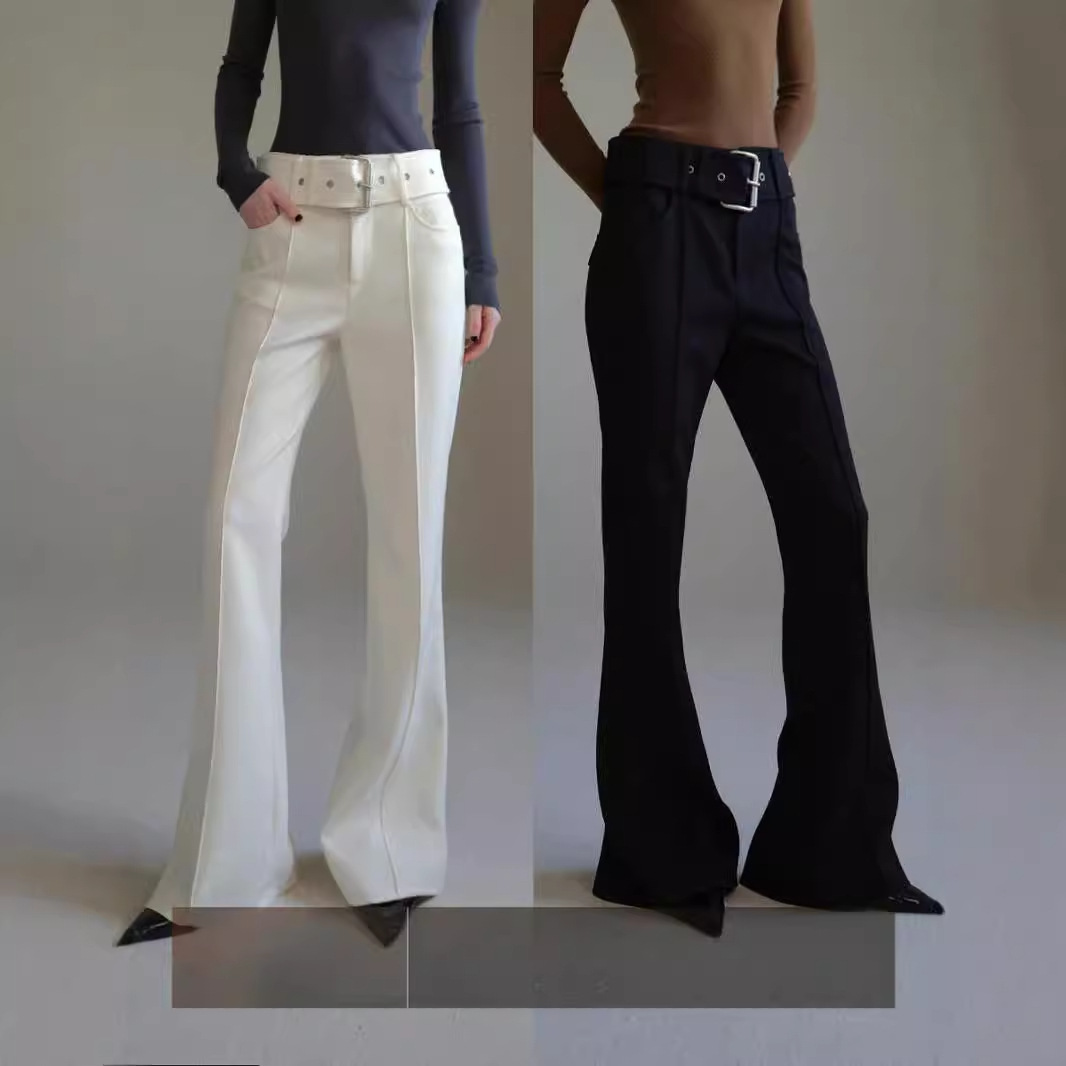 Fashionable Long Legs Luxury Brand Show Three-Dimensional Texture Slimming Wide Belt Split Micro Flared Pants Women's Belt