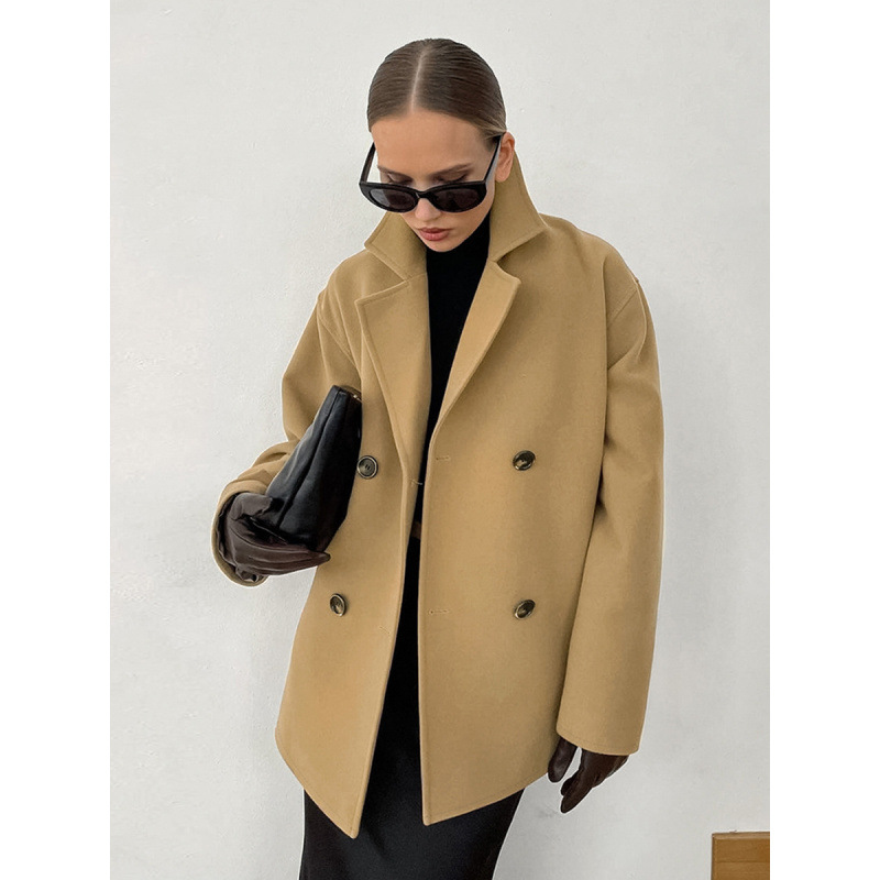 Brown Woolen Coat Mid Length Double Breasted Autumn Winter Jacket_voghion.com