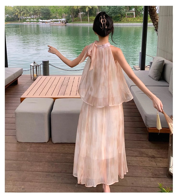 【中國直郵】 奢笛熊 新中式國風復古紮染油畫掛脖上衣 夏季高腰寬鬆半身裙 兩件套裝 M碼