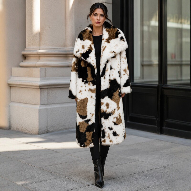 Imitation Cow Fur Long Coat for Women, Autumn and Winter Collarless Cardigan, Thick Plush Warm Top Imitation Cow Fur Long Coat for Women, Autumn and Winter Collarless Cardigan, Thick Plush Warm Top