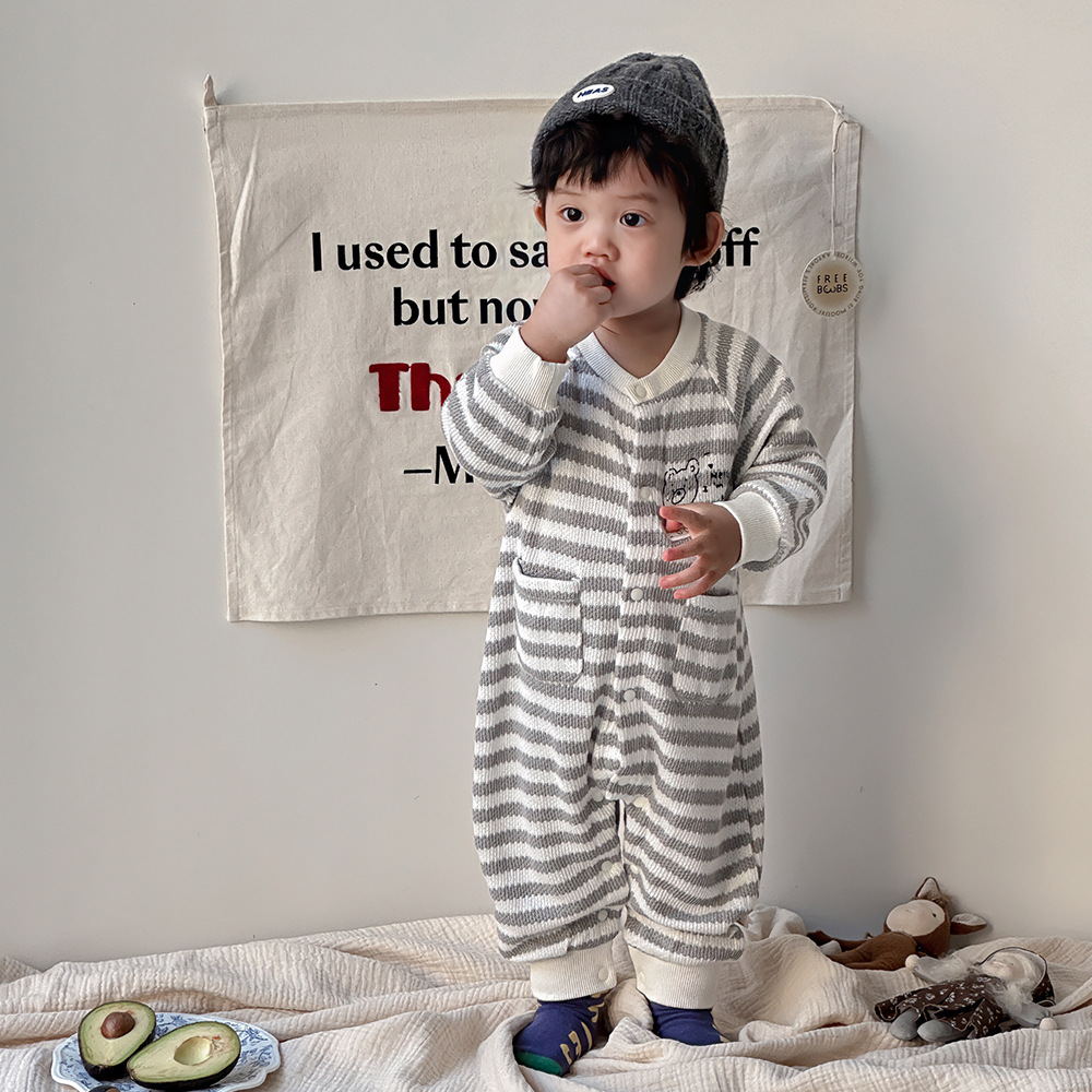 Ropa de bebé, ropa de primavera y otoño, mameluco de manga larga de dibujos animados a rayas, mameluco para bebés, ropa de salida