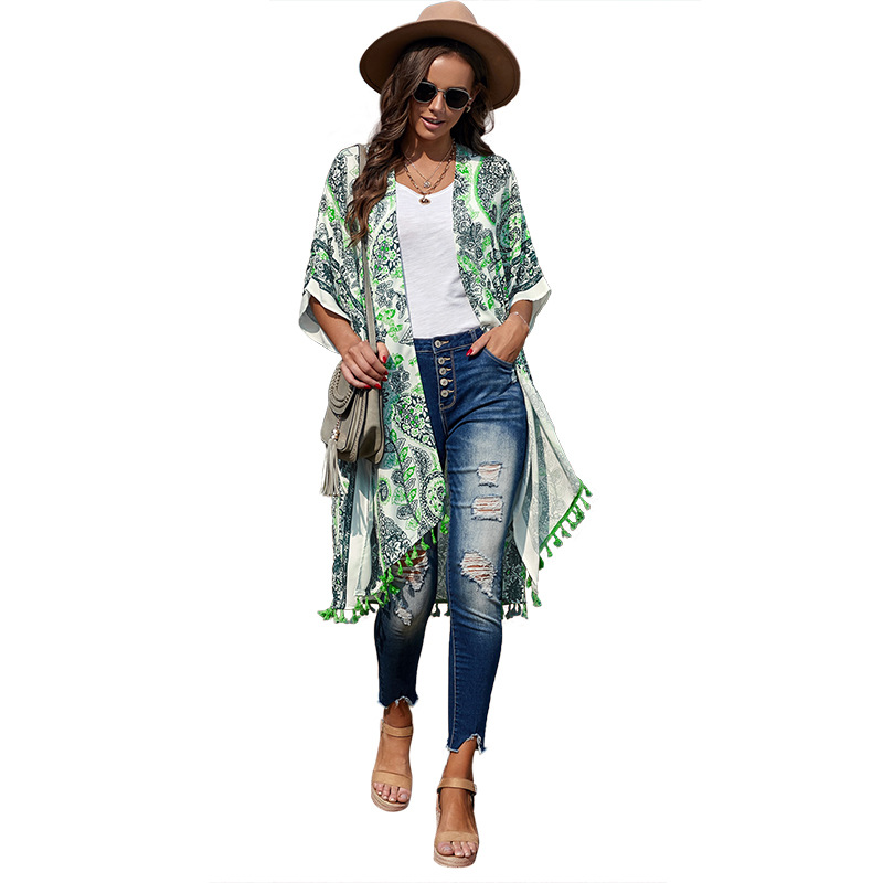 Shiying Blouse Spring And Summer 2022 New European And American Ethnic Print Tassel Beach Sunscreen Mid-sleeve Cardigan 254324