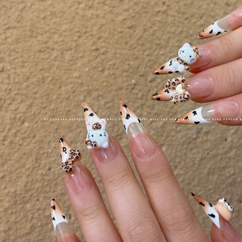 Y2kヒョウ柄キティキャットネイルネイル着爪ケイティkt猫ちょう结びアクセサリーキャディー猫漫画レジン|undefined