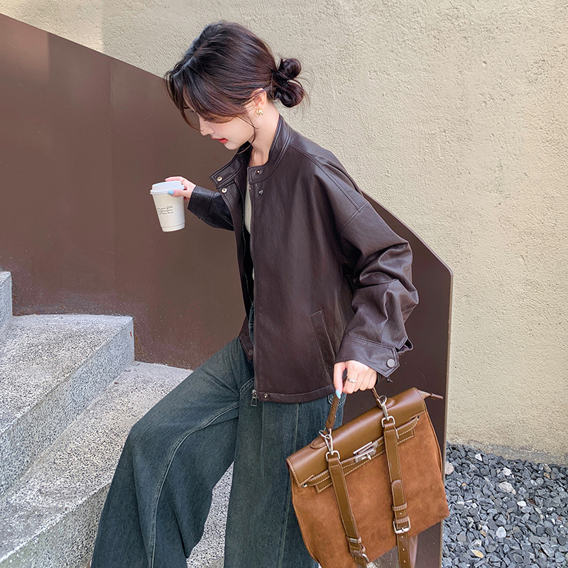 实拍咖色复古短款皮衣外套女春秋季2025新款高级感美拉德休闲夹克|undefined