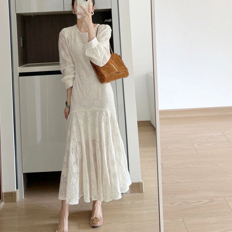 2026 Spring and Autumn New Style Elegant Tea Break French Dress High-End White Chiffon Embroidered Mermaid Long Dress for Women
