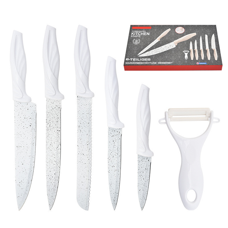 Venta al por mayor en stock blanco spray punto Phoenix cola de seis piezas de acero inoxidable hogar cuchillo de cocina traje de regalo cuchillo conjunto de fábrica