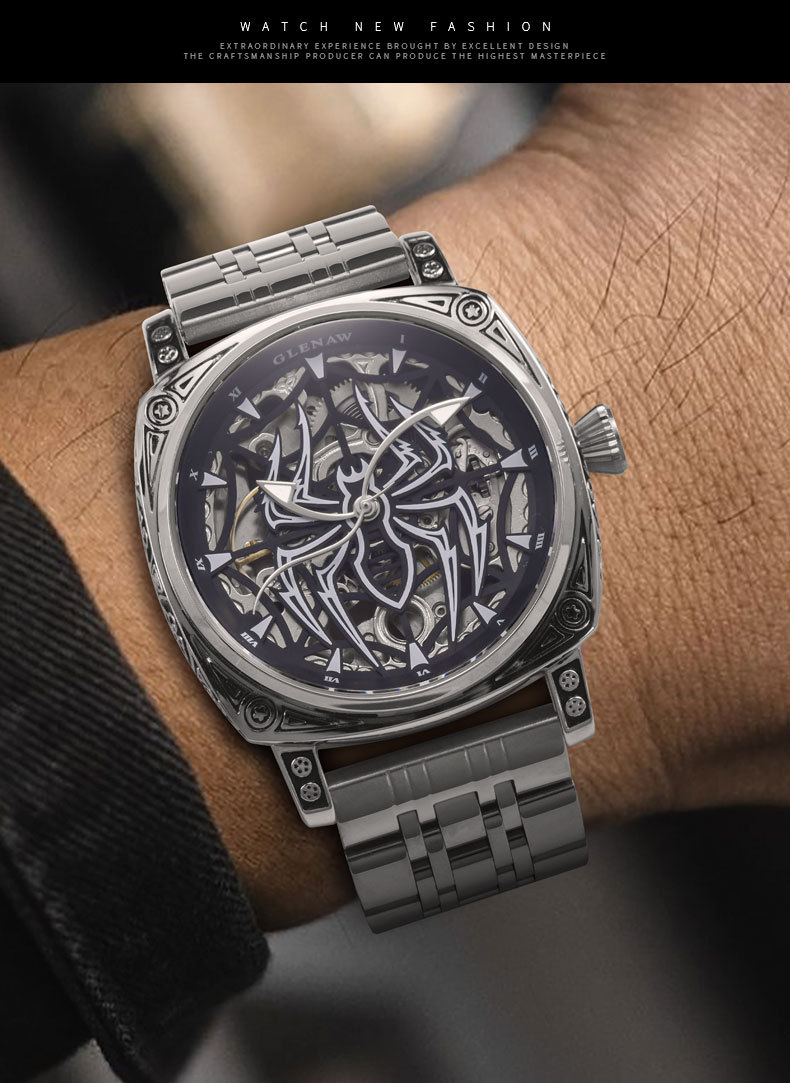 Đồng hồ nam Automatic Skeleton lộ máy chống nước mặt số nhện phát quang dây da thật chi tiết 9