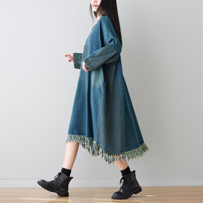 V neck Long Tassel Sweater Washed Dots Patch Long Sleeves Dress Slimming