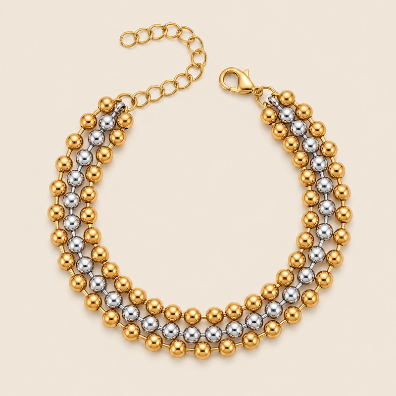 European and American style multi-layered gold and silver bead bracelet for women, featuring a three-layer design, a touch of luxury, and adjustable length