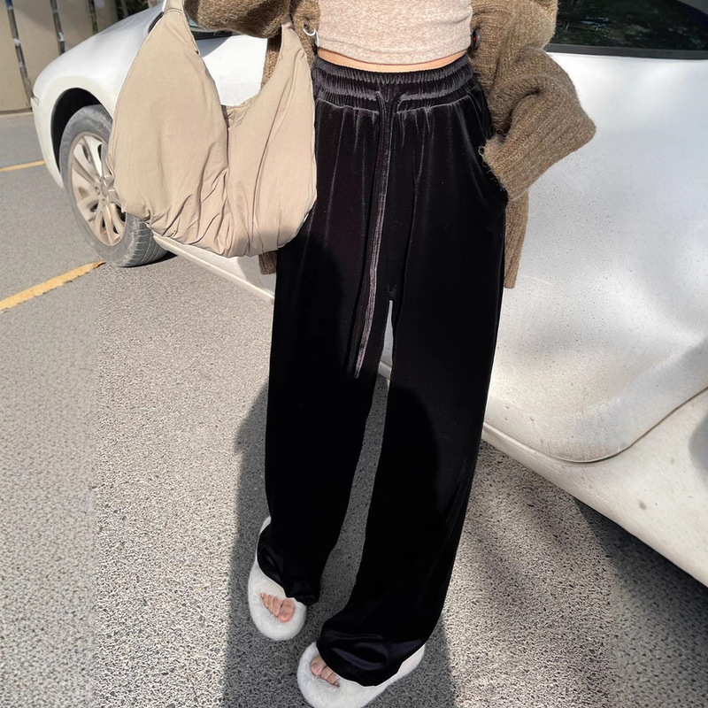 Black Gold Velvet Wide-leg Pants High Waist Loose Casual Straight Lazy Dagging Pants Women's Autumn and Winter fleece-lined