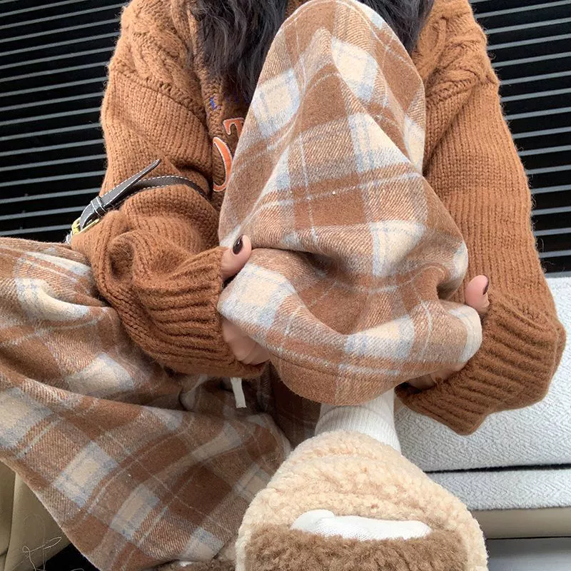 Фархат утолщенные ретро-карри клетчатые брюки женские штаны 2024 осень-зима новые высокие талии прямой повседневный шерсть