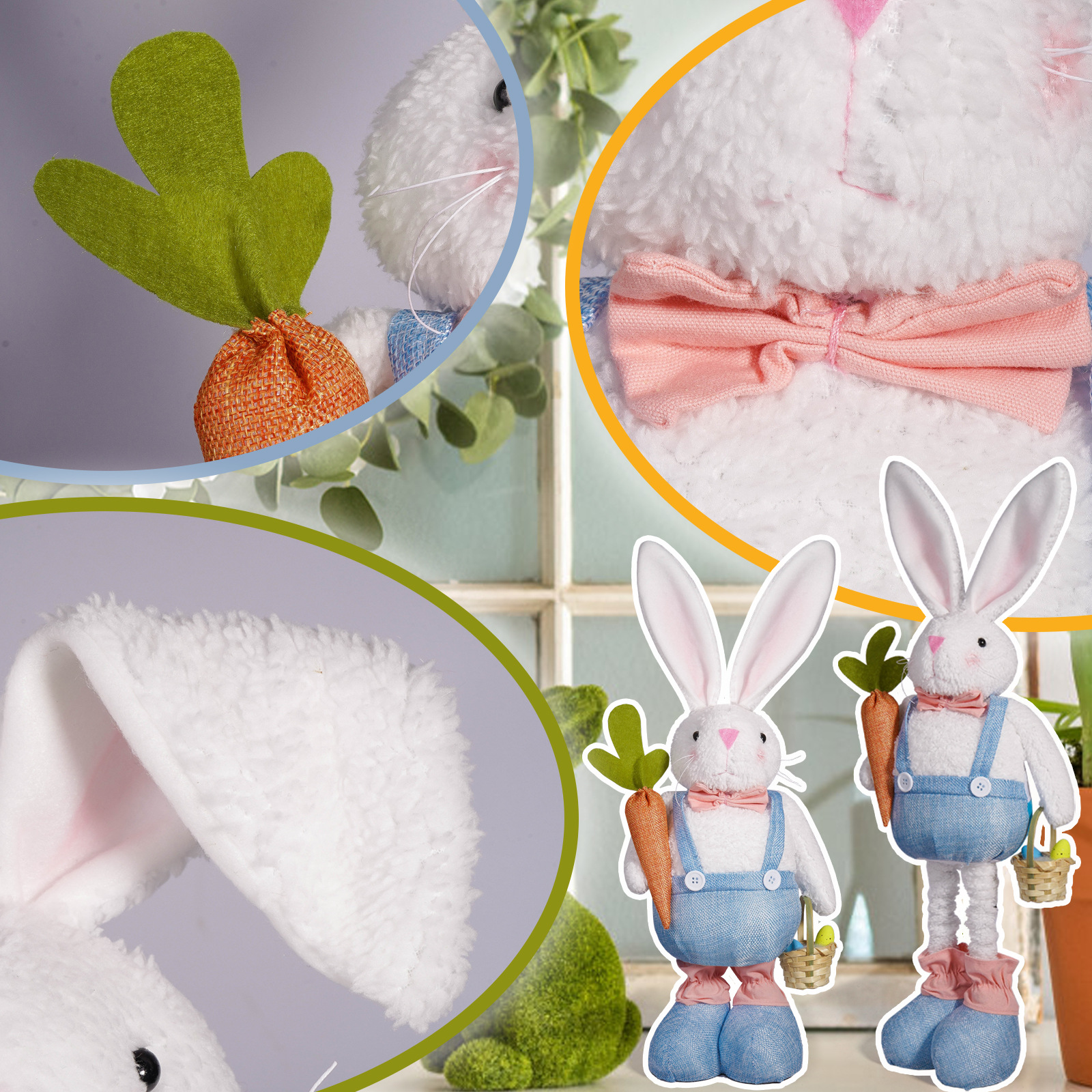 Nuevos productos transfronterizos de conejo de Pascua piernas retráctiles muñecas cestas de rábanos lindas muñecas de peluche decoración