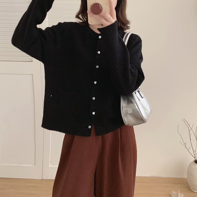 韩系慵懒风2025秋新款圆领针织开衫女宽松纯色软糯百搭毛衣女外套|undefined