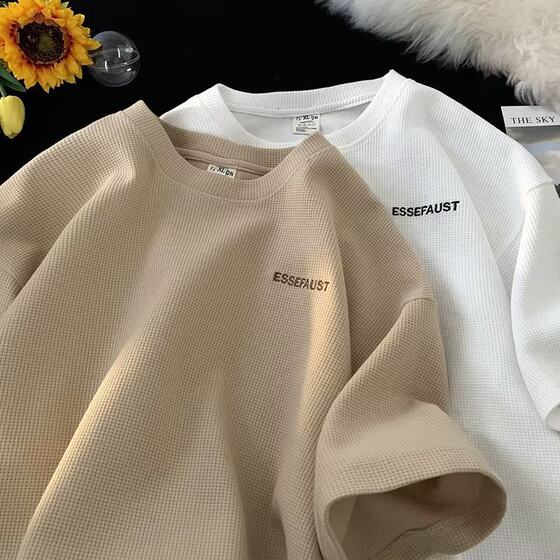 Waffled Short-sleeved T-shirt Men's and Women's Summer Japanese Style Trendy Brand Round Neck Half-sleeved Top Loose Casual Half-sleeved T-shirt