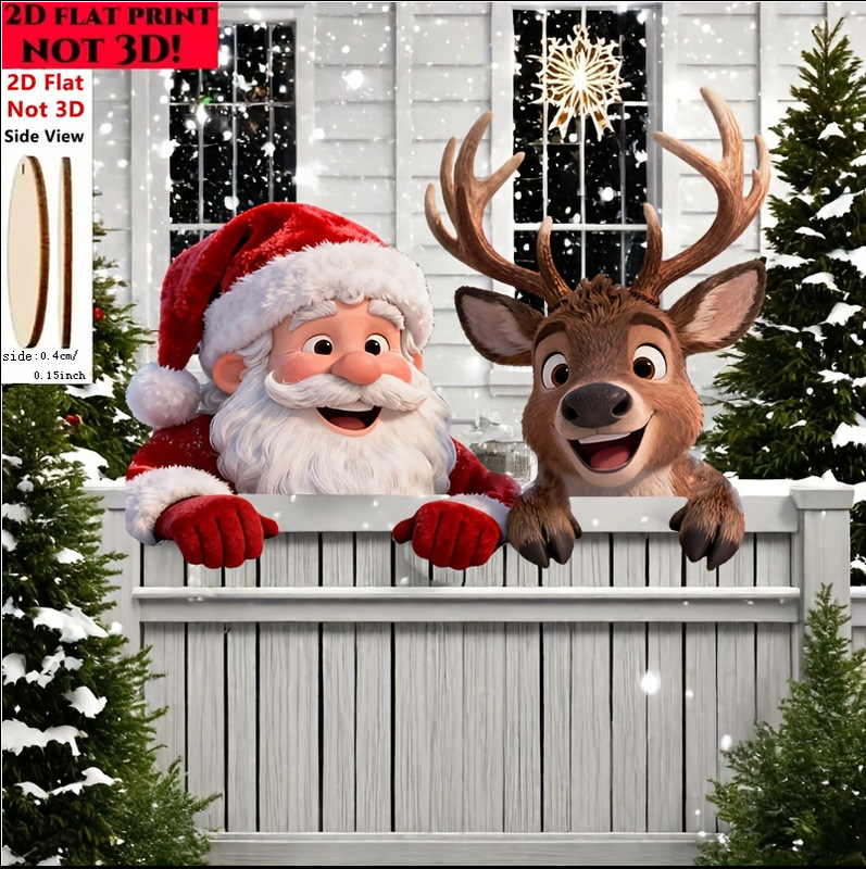 Cross-Border Hot Selling Flat Wooden Santa Claus and Elk Garden Peeking into the Courtyard - Wall and Fence Decoration