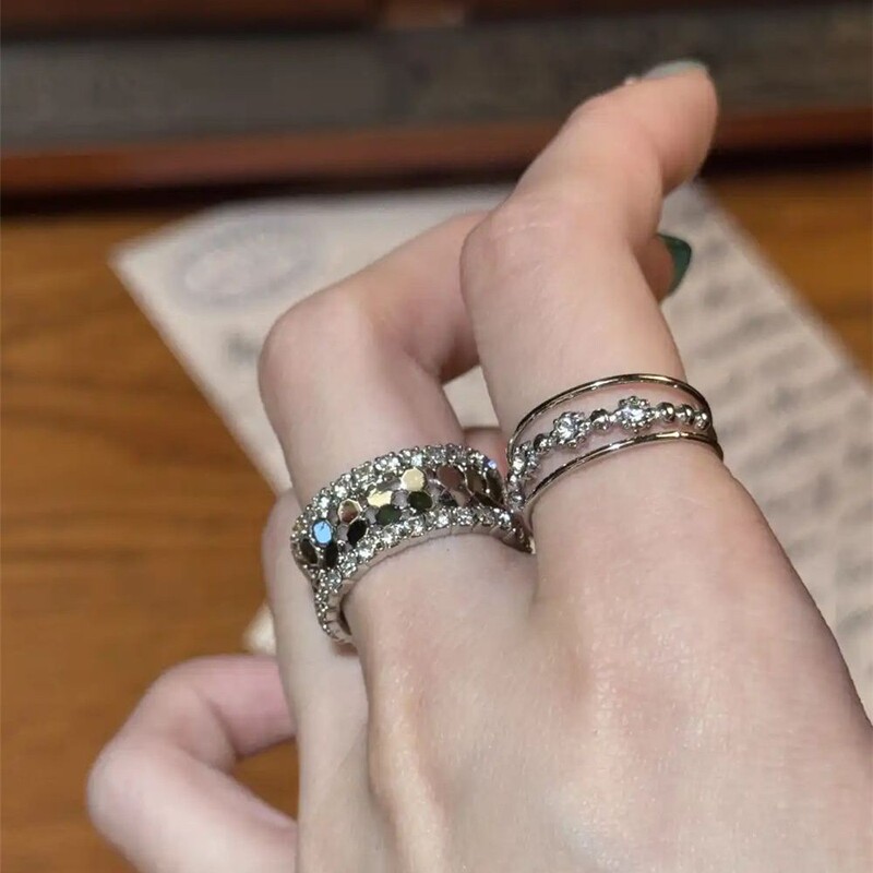 Kuining Shimmering Silver~ Blogger's Same Style Diamond-Encrusted Wide Ring Bracelet, Korean Style Versatile High-End Open Ring