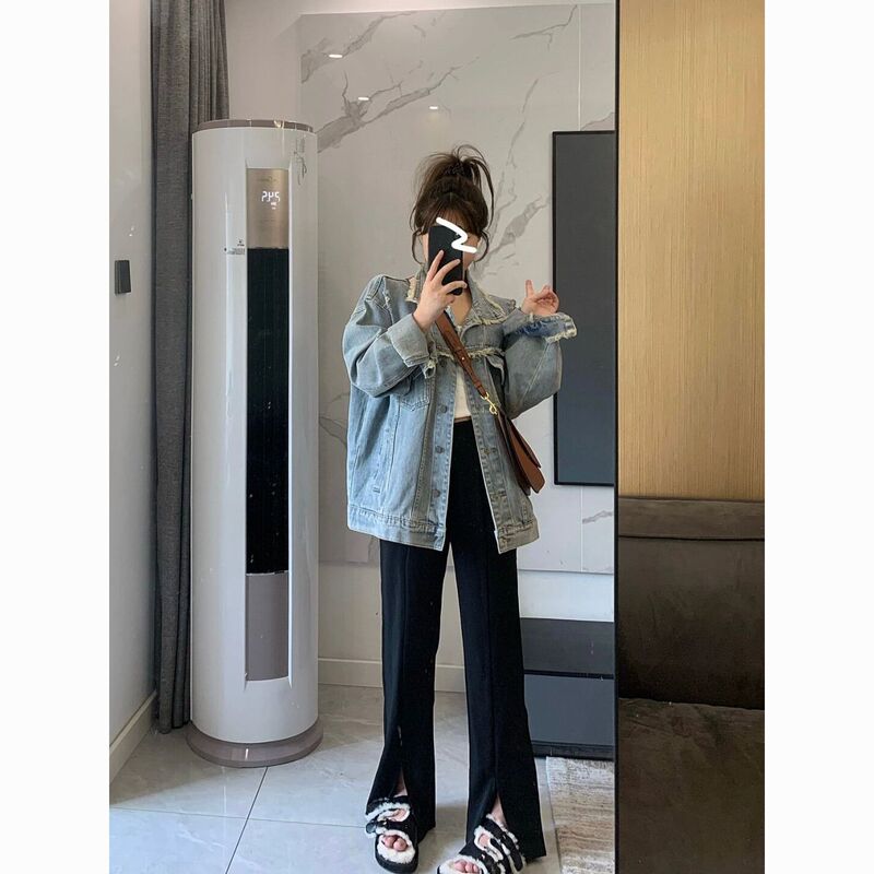 Distressed Tassel Ripped Denim Jacket for Women, 2026 Spring New Korean Style, Trendy Loose Jacket Top